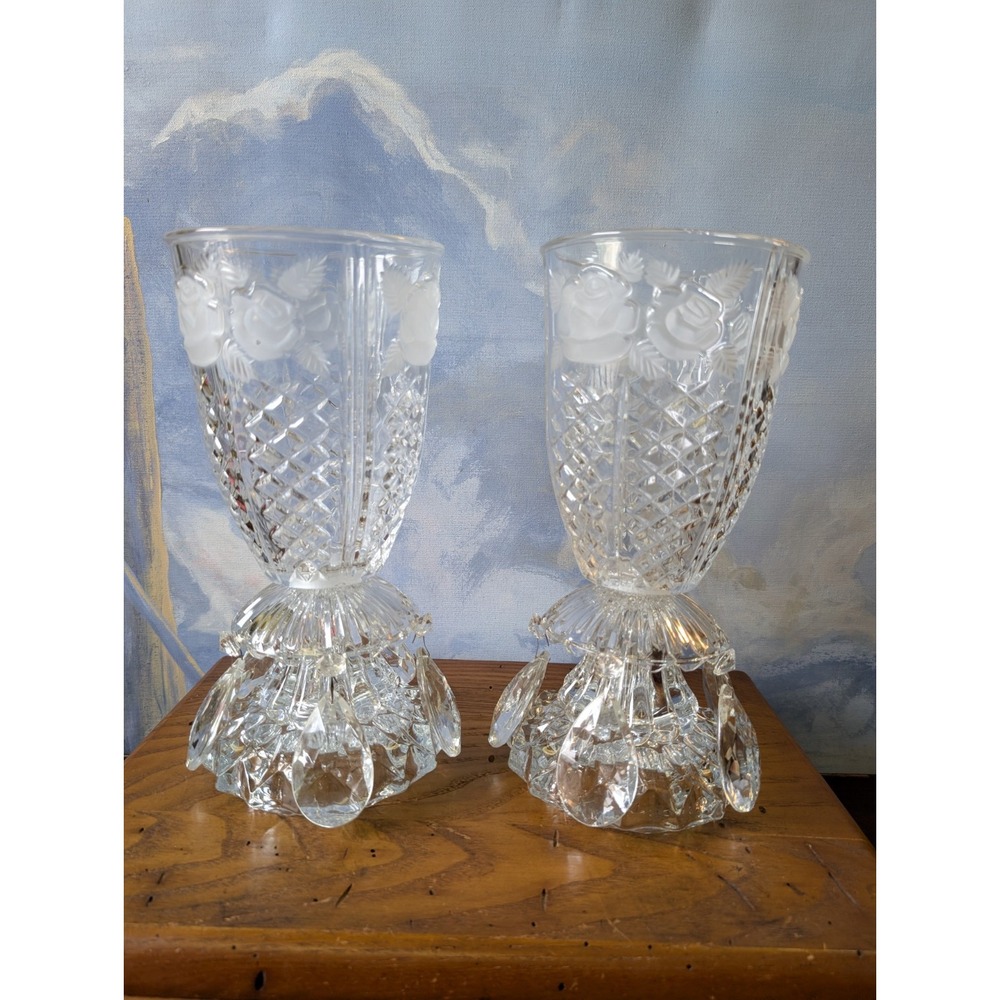 Vintage Michelotti Set/2 Crystal Boudoir Lamps Floral Rose Torchiere